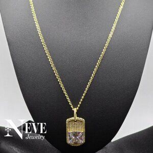 14k Yellow Gold Over Sterling Silver 925 Iced-out Pendant Dog Tag CZ Necklace